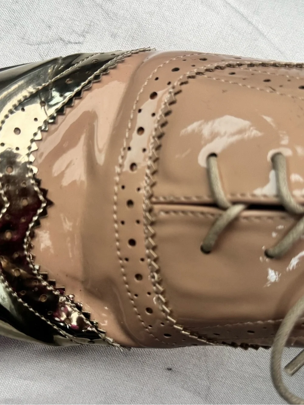 Women's Patent Leather Brogue Oxfords in Blush with Metallic Toe Size 7